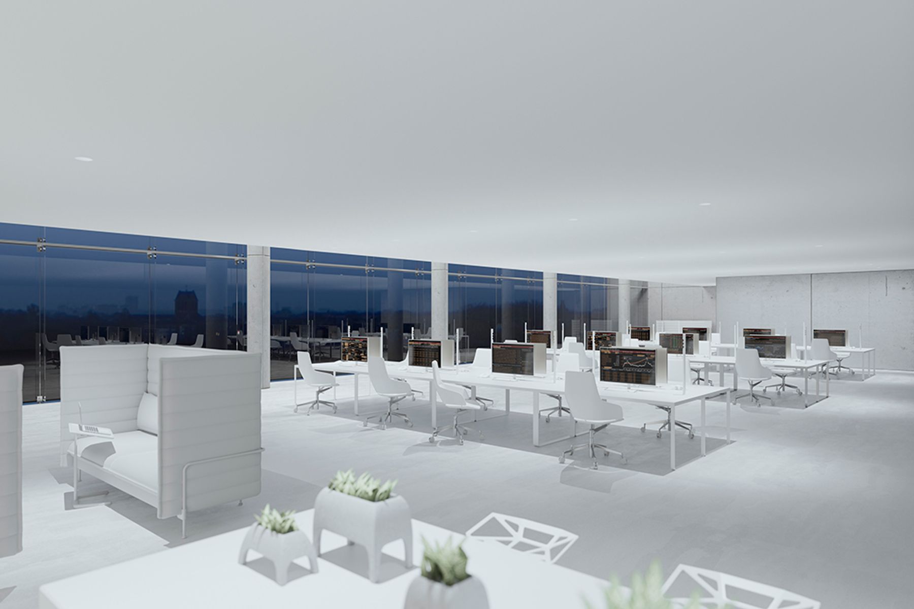 Iku Work is the ideal downlight for standard-compliant, zonal lighting of office workstations. Visualisation: Electric Gobo
