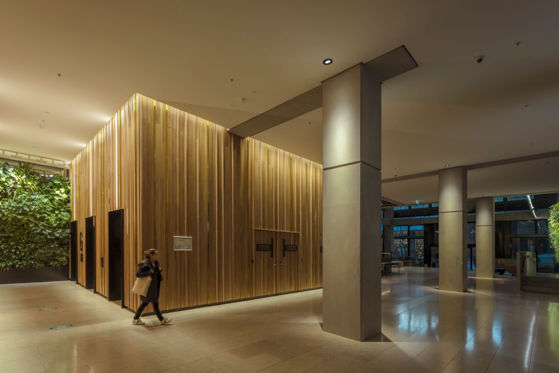 The foyer of 565 Bourke Street, Melbourne. Architecture: ADP Consulting. Lighting design: Buckford Illumination Group. Photography: Jackie Chan.