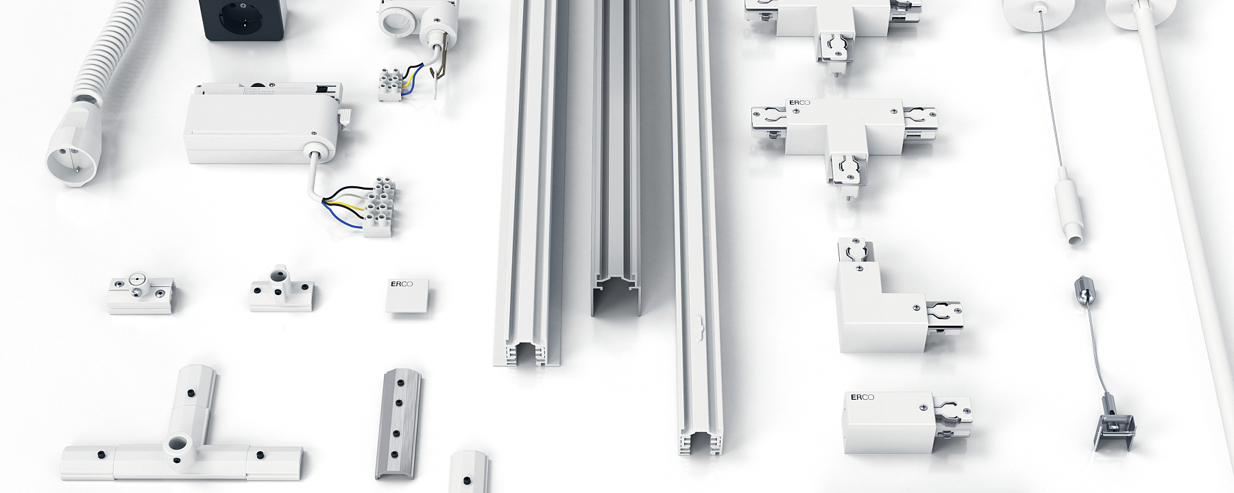 ERCO track and accessories for flexible lighting systems.