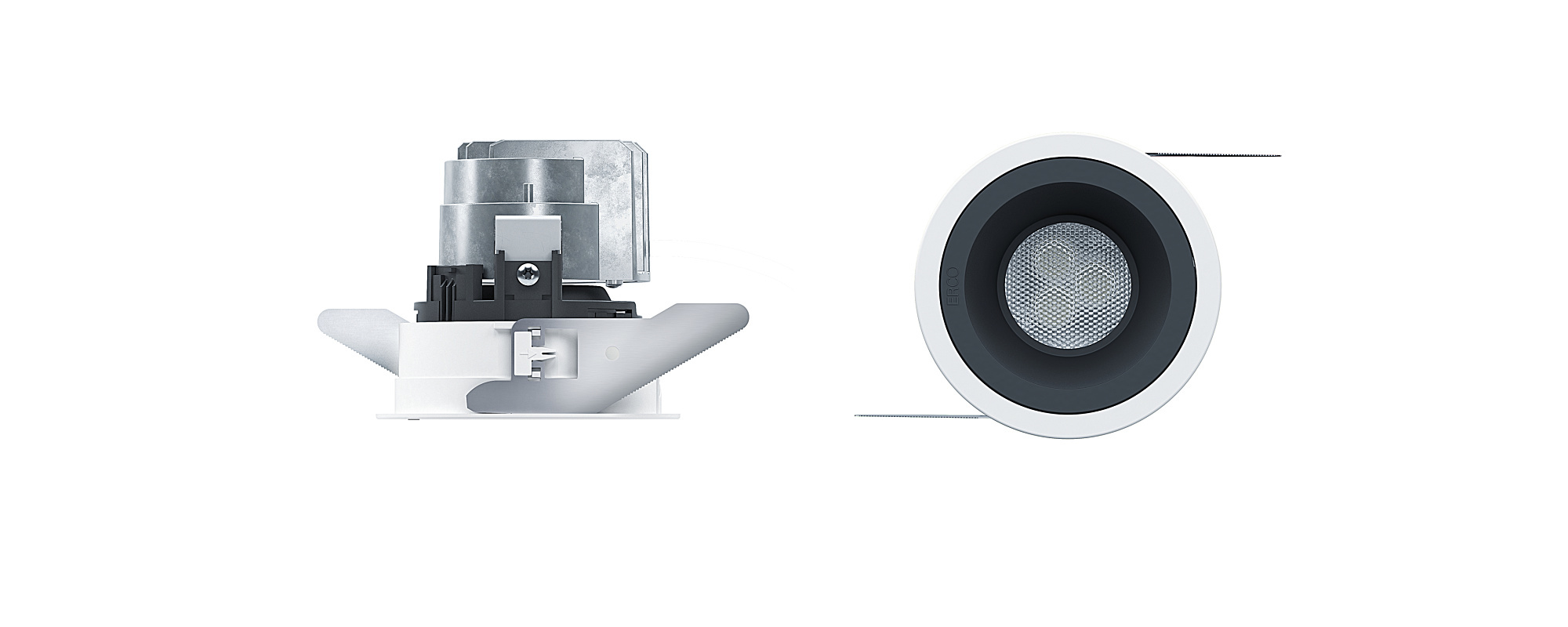 ERCO Atrium double focus recessed luminaire for high rooms, glare-free ceiling light.