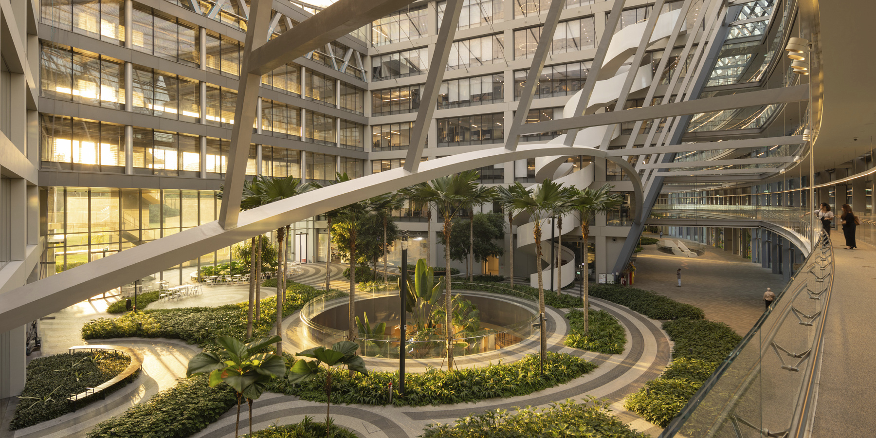 Sustainable office design with ERCO lighting and greenery for a pleasant working atmosphere.