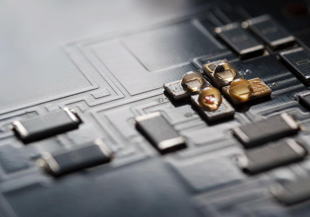 Close-up of an LED circuit board used for light control in ERCO luminaires.