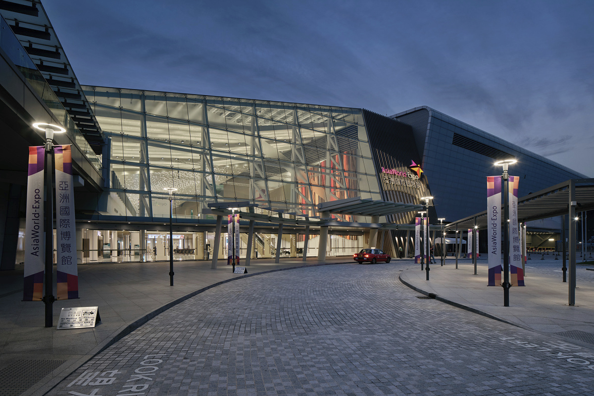 Asia World-Expo East Entrance Lobby illuminated by ERCO Kona floodlights.