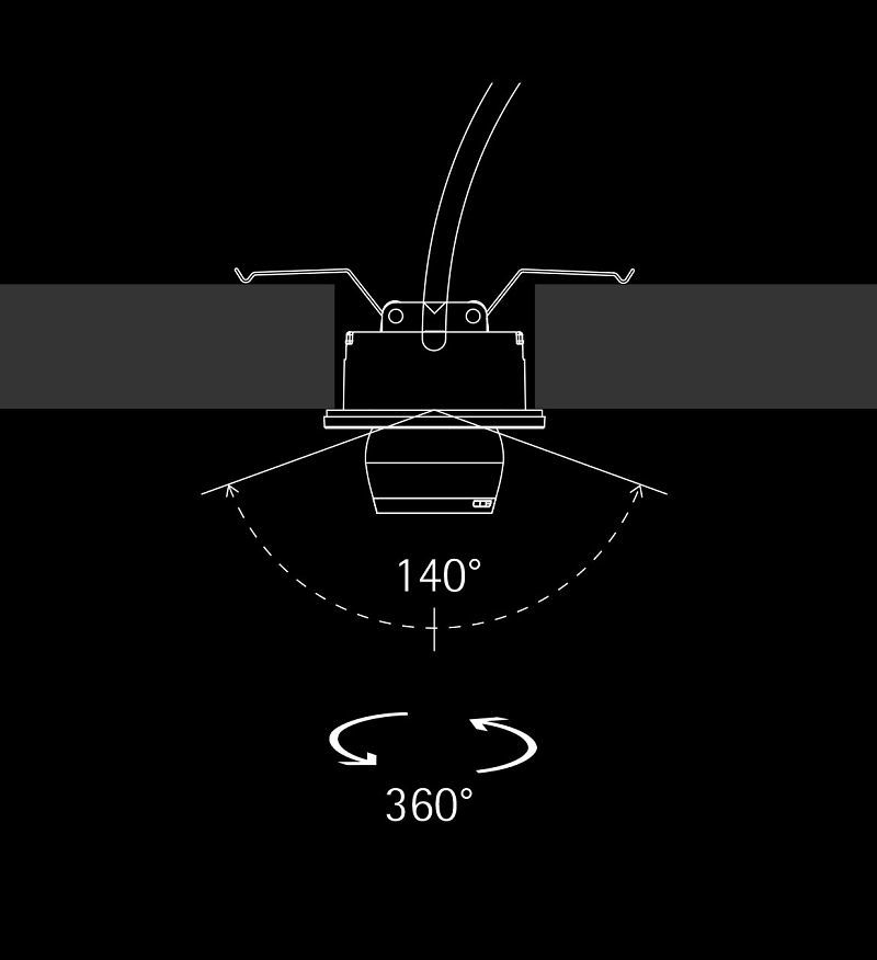 Axis recessed spotlight showing rotation and tilt angles for accent lighting, 140° tilt and 360° rotation.