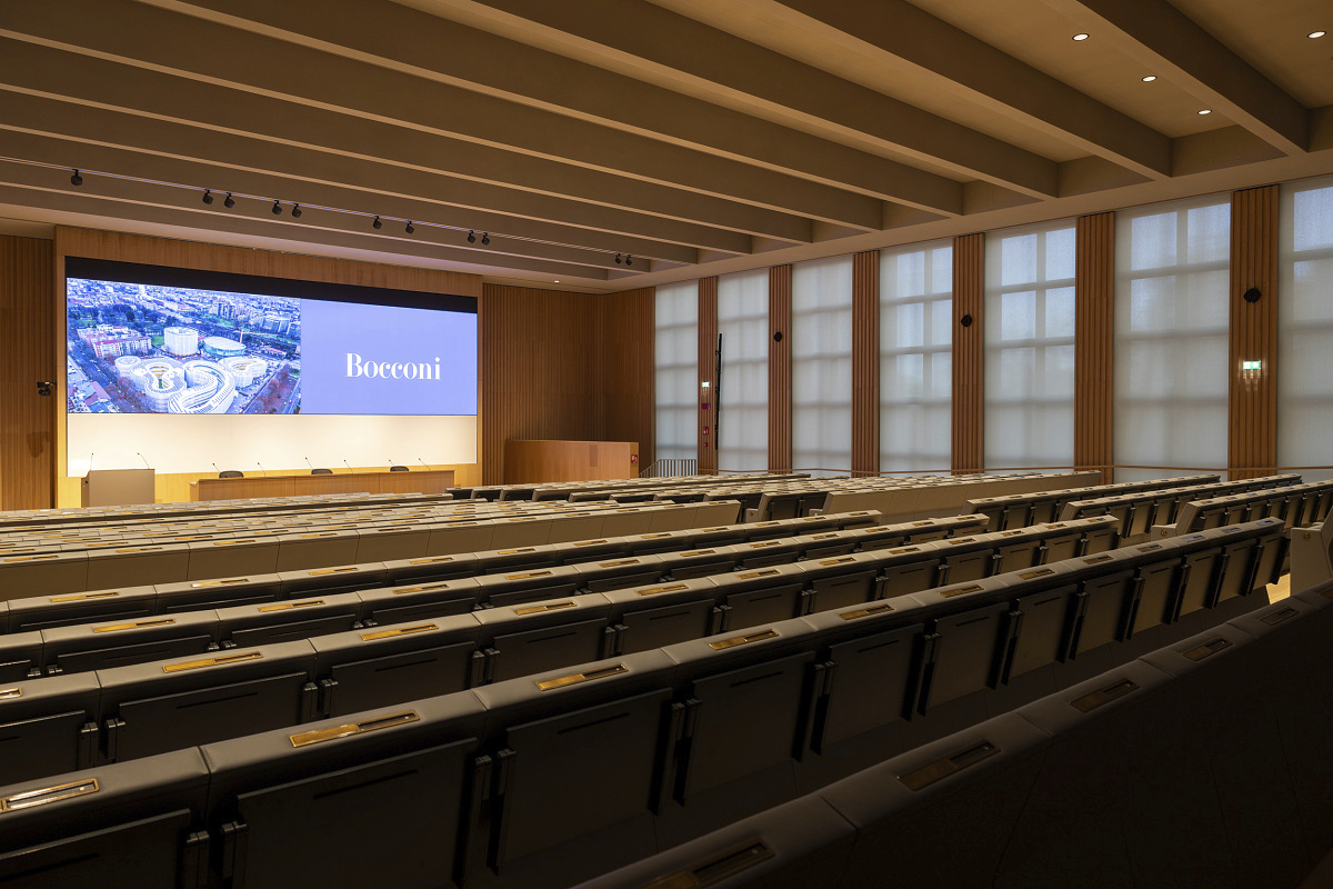 ERCO LED lighting in Bocconi Universitys auditorium, Milan, providing optimal light for lectures and presentations.