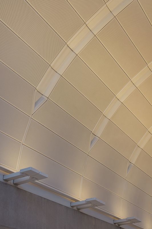 Ceiling with Lightscan LED luminaires in Sydney Central Station, casting light upwards.