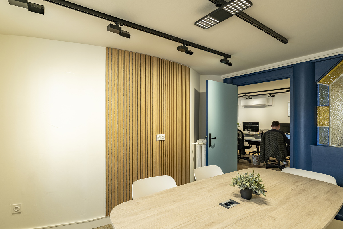 ERCO Jilly downlights and Opton spotlights illuminate a modern office space in Lyon.