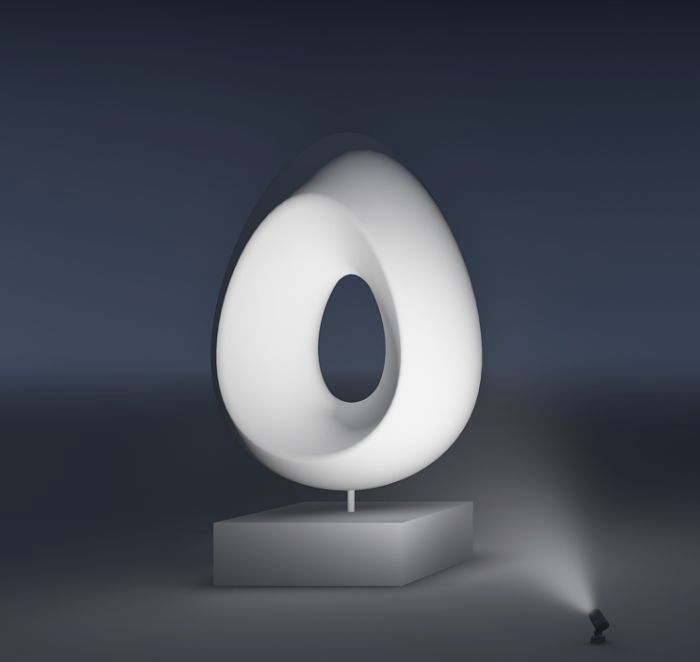 Illuminated sculpture with ERCO spotlight for outdoor accent lighting.