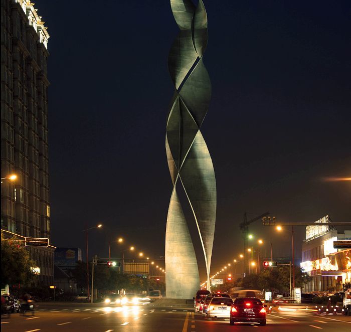 Illuminated sculpture in Tainan, China, accented by ERCO mast-mounted floodlights.