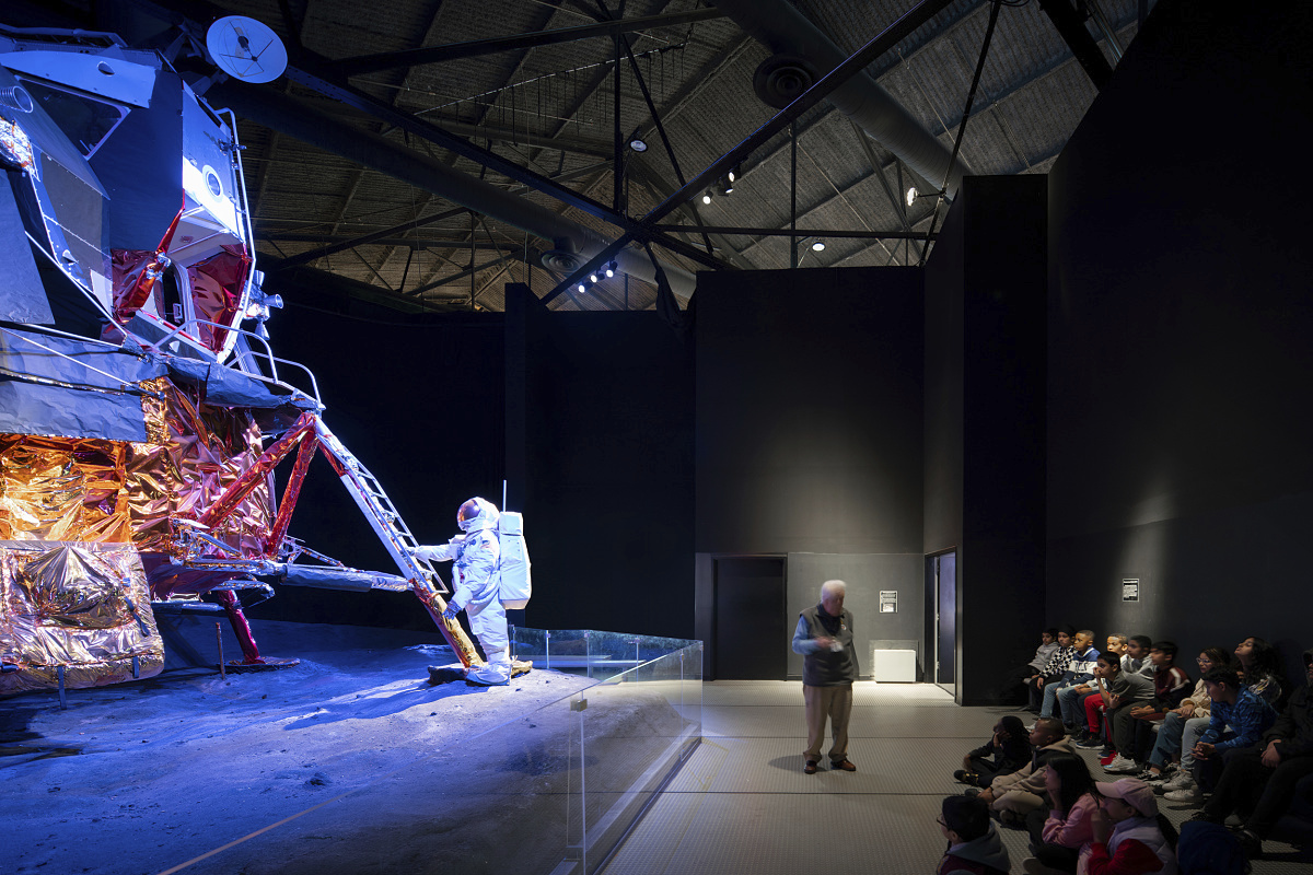 Apollo Lunar Module exhibit at Cradle of Aviation Museum, lit by ERCO LED spotlights.