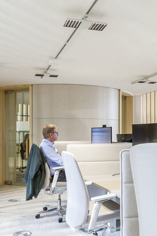 ERCO Optec spotlights on track lighting illuminate a modern Amsterdam office, ensuring visual comfort.