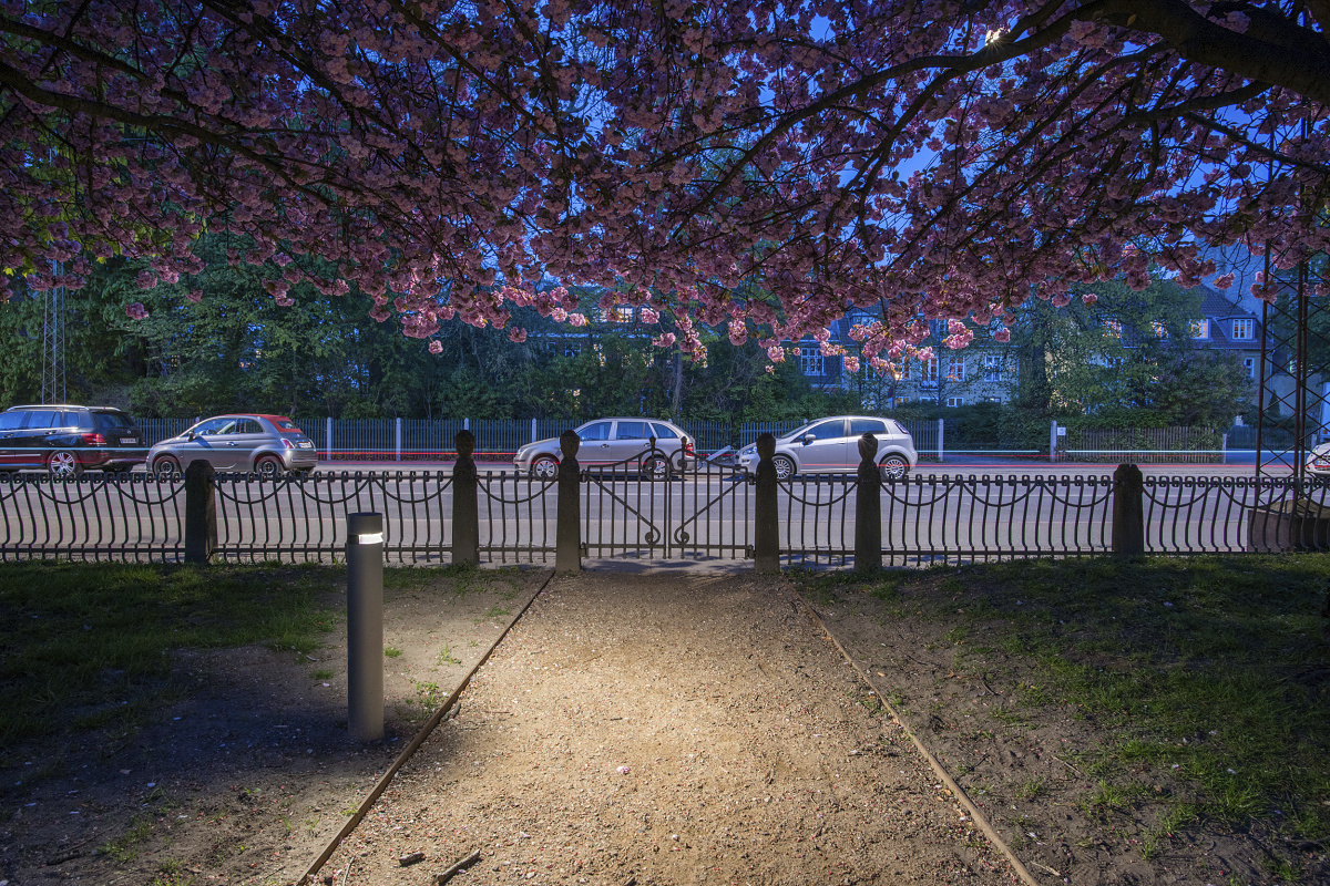 ERCO Castor bollard luminaire in Digterlunden Park, Copenhagen, providing safe path lighting under blooming trees.