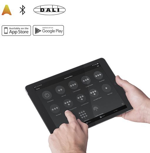 ERCO lighting control via app on a tablet for flexible office lighting.
