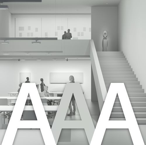 Architectural visualization of a modern, open space with stairs and minimalist design.
