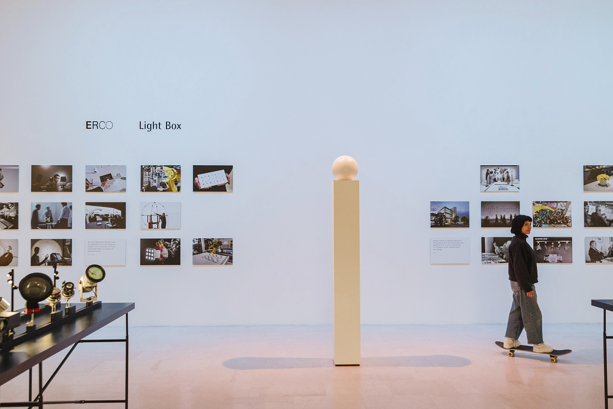 ERCO Light Box exhibition in Milan, featuring LED lighting and photography.