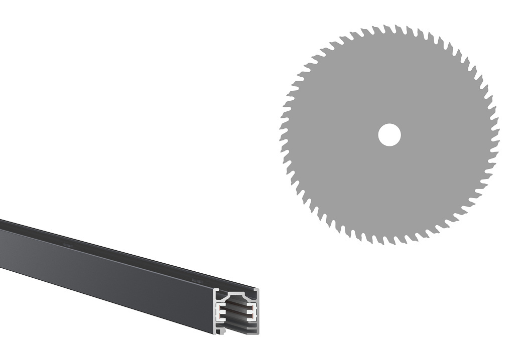 ERCO track with saw blade for on-site cutting for flexible lighting layouts.