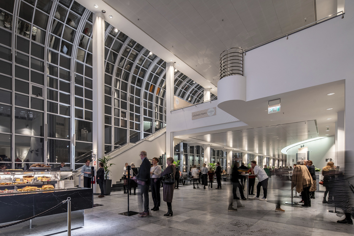 Finnish National Opera lobby lit with energy-efficient ERCO LED downlights.