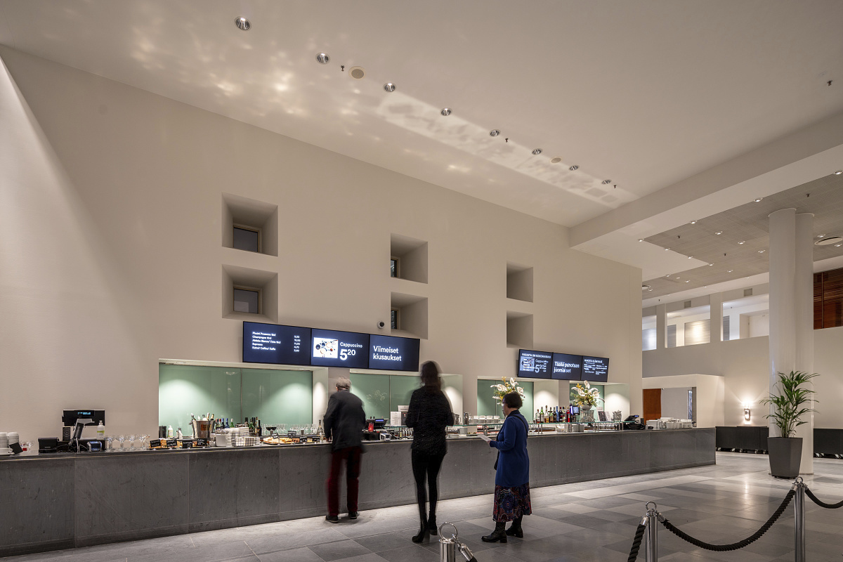 Finnish National Opera bar area featuring energy-efficient ERCO LED downlights.