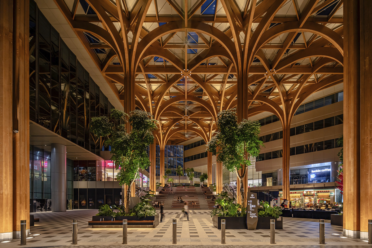 Geneo, Singapore Science Park: Illuminated timber canopy with ERCO high-ceiling lighting.