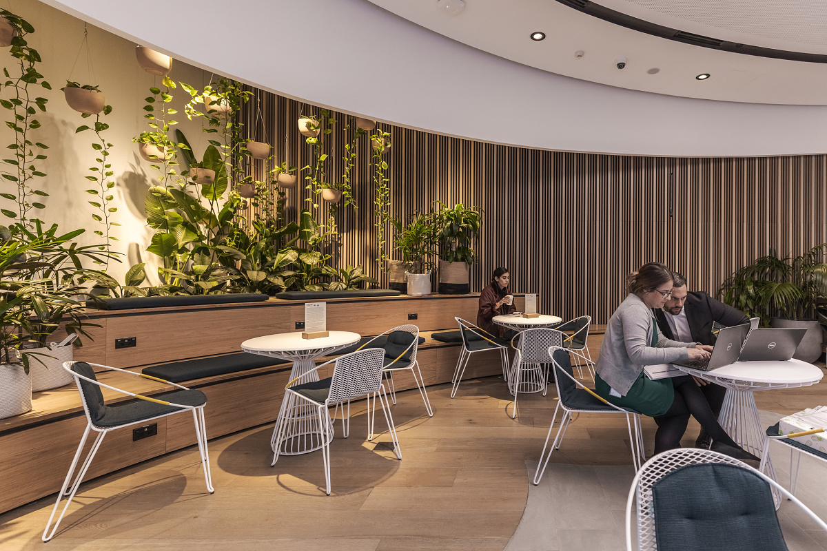 Office lounge featuring ERCO green wall lighting, promoting healthy plant growth and a pleasant atmosphere.