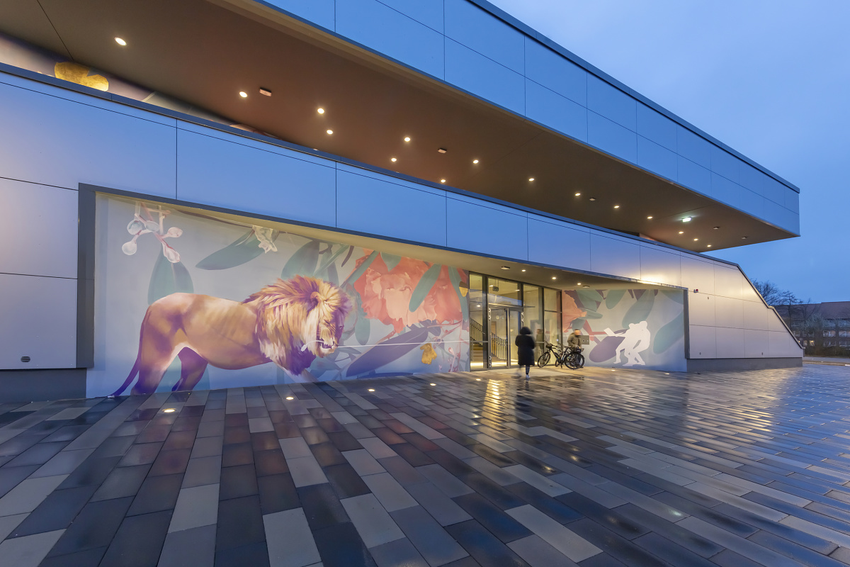 ERCO LED lighting at Neustadt gymnasium, showcasing colorful facade art.
