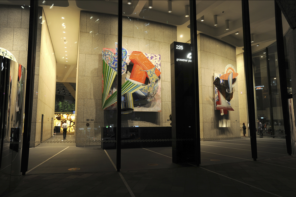 Grosvenor Place lobby featuring art and ERCO LED lighting for high ceilings.