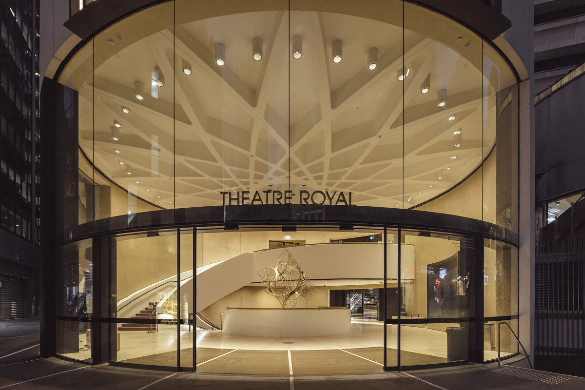 Theatre Royal entrance in Sydney, featuring ERCO LED lighting for architectural emphasis.