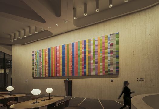 Shell House lobby featuring art and ERCO downlights for accent lighting, Melbourne.