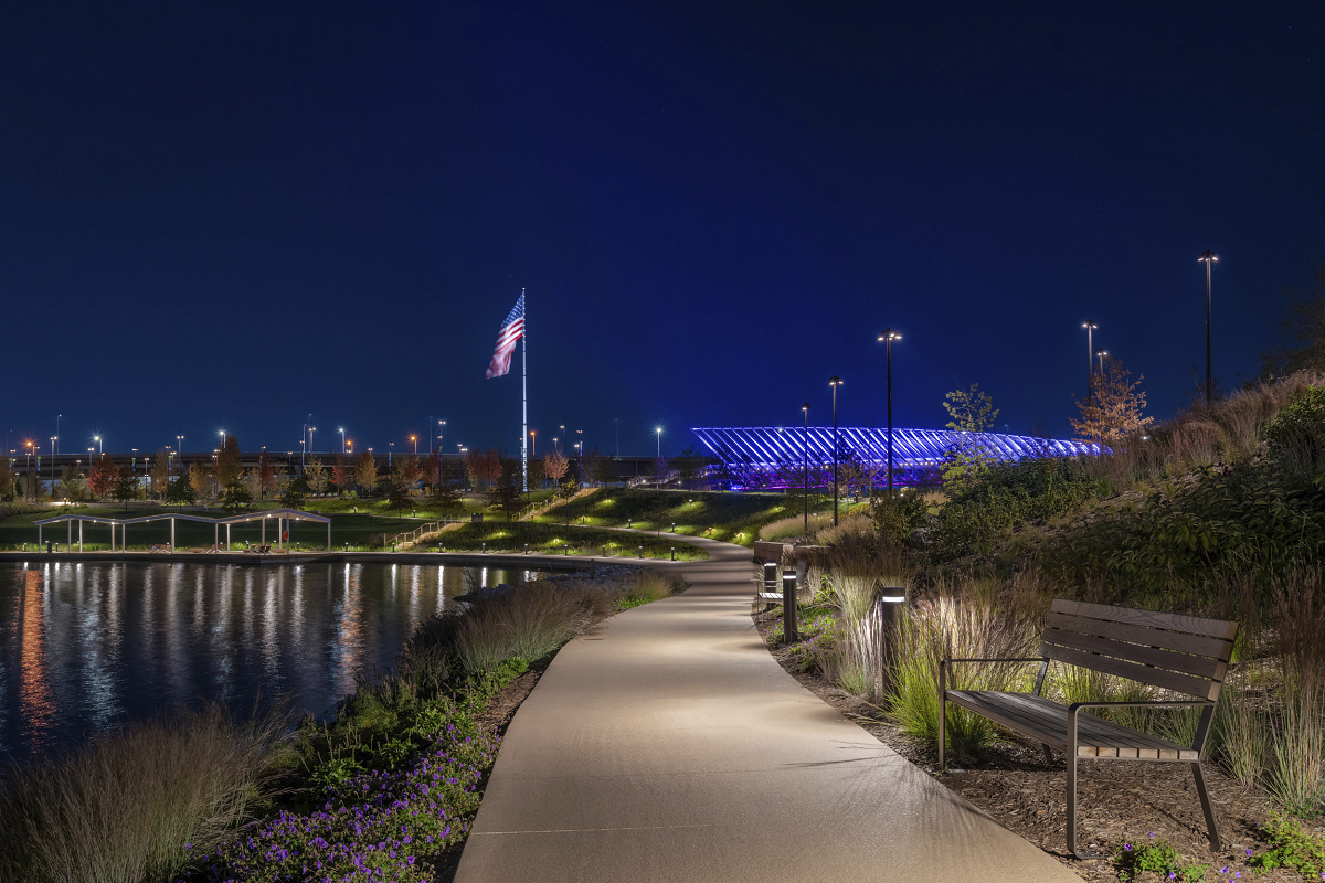 Castor bollard lights illuminate the path in Heartland of America Park, Omaha.