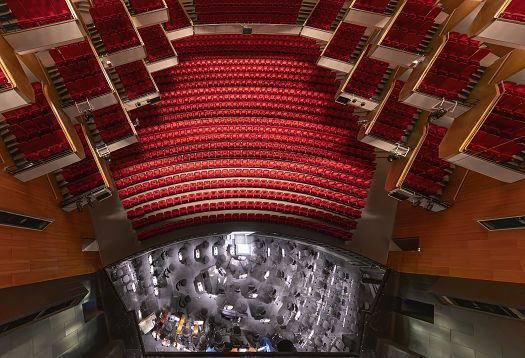 Auditorium view of Hamburg State Opera featuring efficient ERCO LED lighting.
