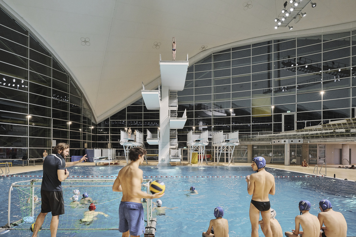 LED lighting at the Aquatic Centre, Olympic Park Munich, enhancing energy efficiency and visual comfort.