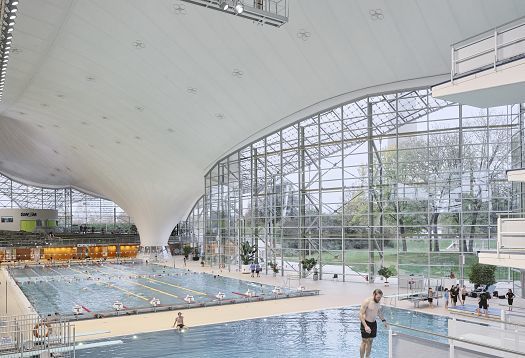 Aquatic Centre, Olympic Park, Munich, featuring ERCO LED lighting for energy efficiency and visual comfort.