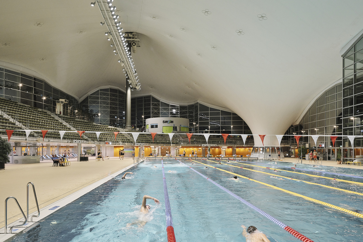 LED lighting at the Aquatic Centre, Olympic Park Munich, enhancing energy efficiency and visual comfort.