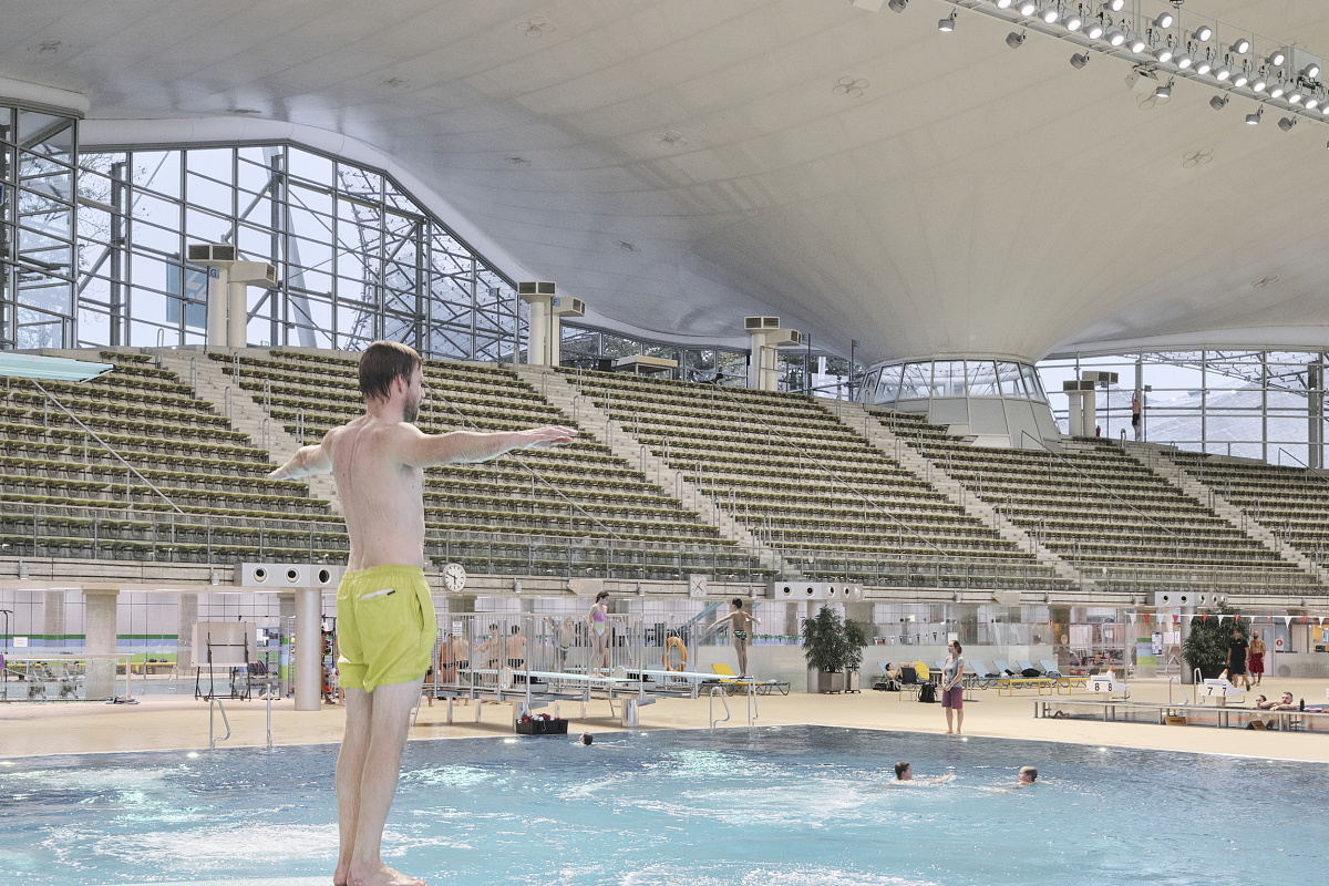 LED lighting at the Aquatic Centre, Olympic Park Munich, for energy efficiency and visual comfort.