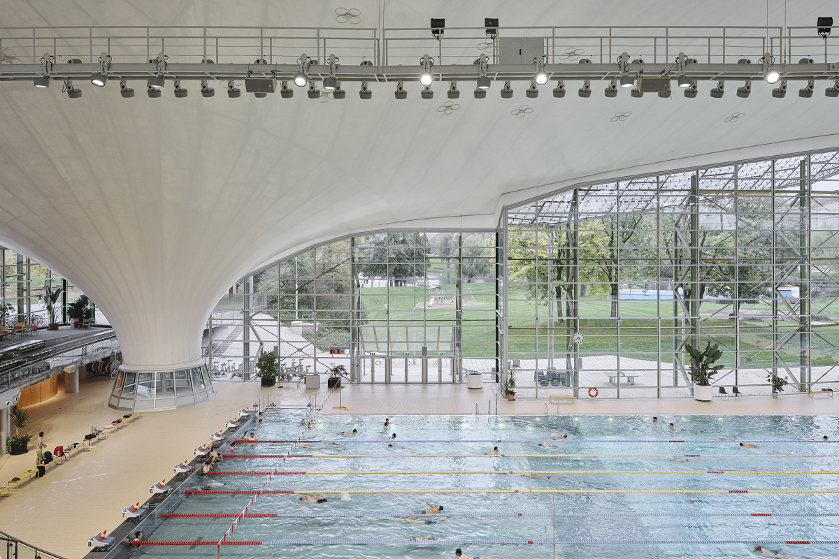 LED lighting at Munich's Olympic Park Aquatic Centre, enhancing energy efficiency and visual comfort.
