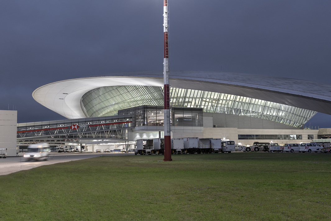 Carrasco International Airport illuminated by ERCO LED lighting at night.