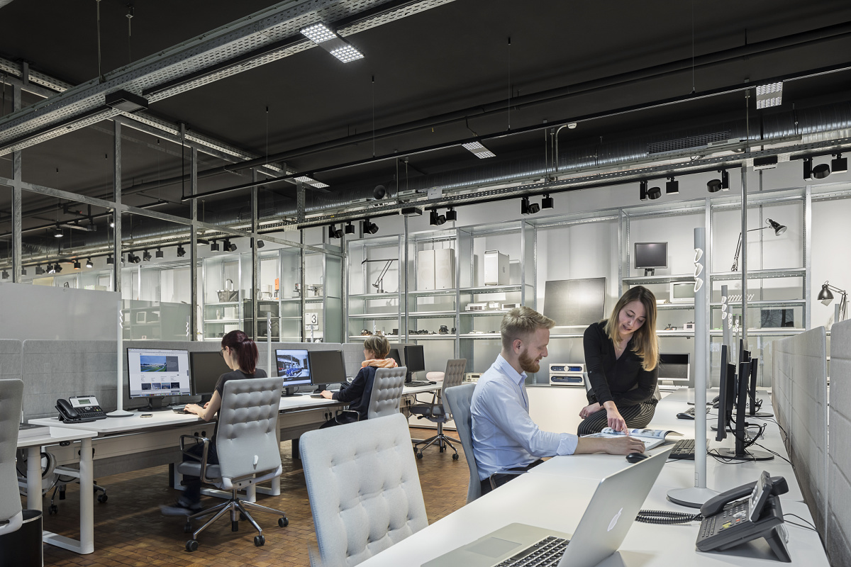 ERCO track lighting system illuminating a flexible, modern office space.