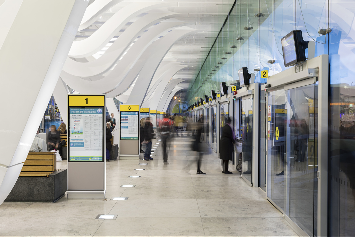 ERCO outdoor luminaires in a station, providing robust and economical lighting.