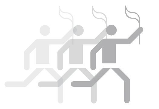 Pictogram of people with flags, symbolizing orientation and movement in stations.