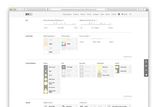 ERCOs lighting design tool showing LED configurations, light distributions, and color temperatures for outdoor luminaires.