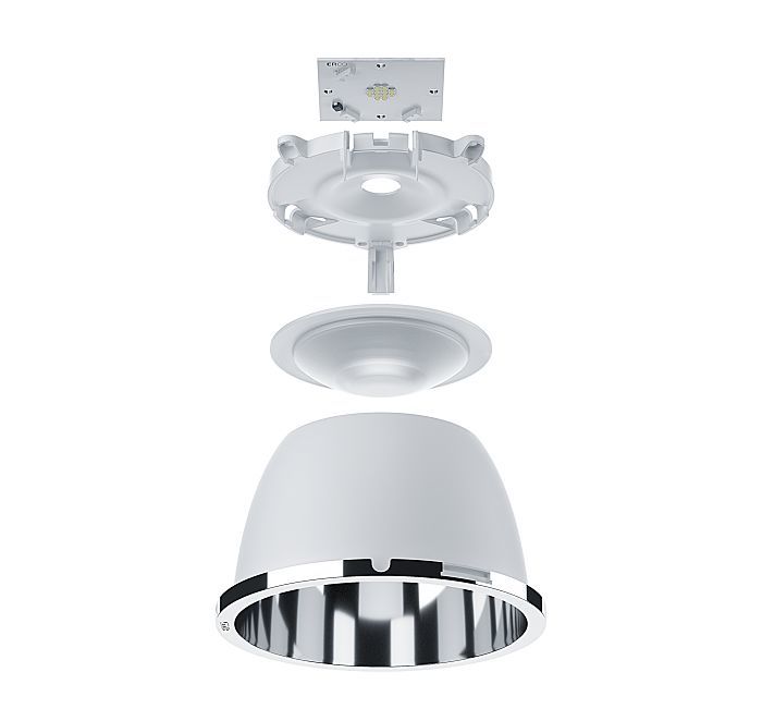 Exploded view of an ERCO Lightcast LED recessed luminaire, showcasing its components for lighting system upgrades.