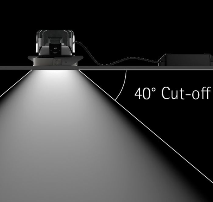 ERCO Lightcast LED recessed luminaire showing a 40° cut-off angle for visual comfort.