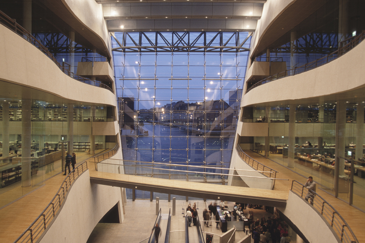 Interior of the Royal Library in Copenhagen featuring ERCO lighting.