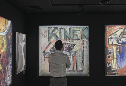 A visitor views art in a gallery, illuminated by ERCO lighting for enhanced viewing.