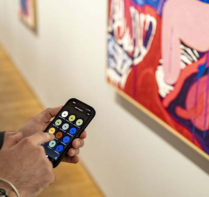ERCO lighting app controlling gallery spotlights to adjust lighting for artwork display.
