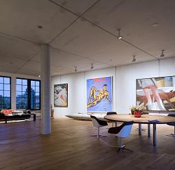 ERCO accent lighting in a living space, highlighting artwork with adjustable LED spotlights.