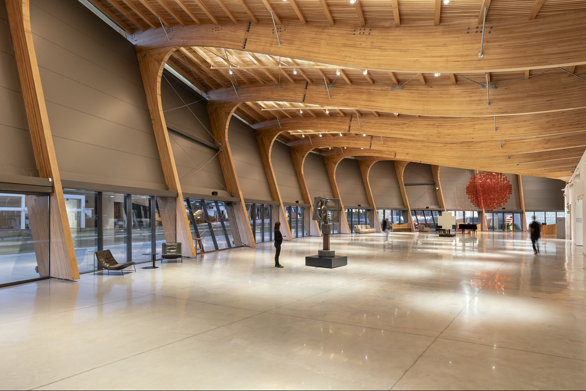 Interior of Museo Atchugarry featuring ERCO LED lighting and striking wooden architecture.