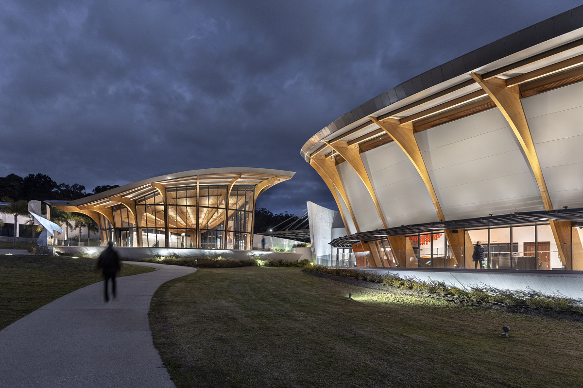 Illuminated Museo Atchugarry featuring modern architecture and ERCO outdoor LED lighting in Uruguay.