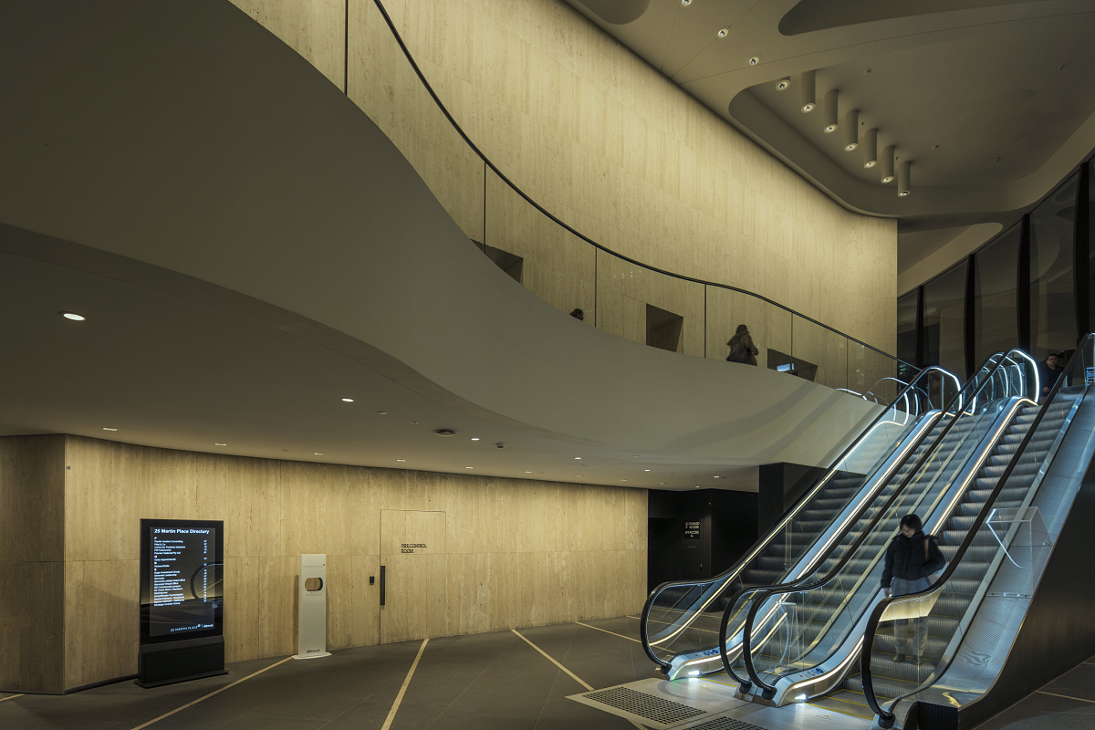 Martin Place, Sydney, featuring ERCO LED lighting for wallwashing in a high-ceilinged space.