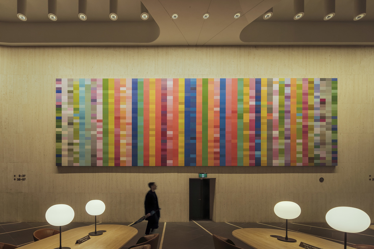 Martin Place, Sydney, featuring ERCO LED wallwashing illuminating the foyer with artwork.
